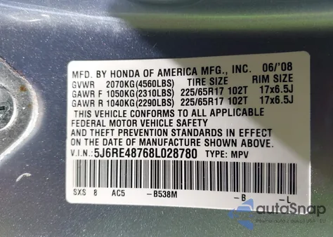 2008 Honda Cr-V Ex-L z USA, uszkodzony, nr VIN 5J6RE48768L028780